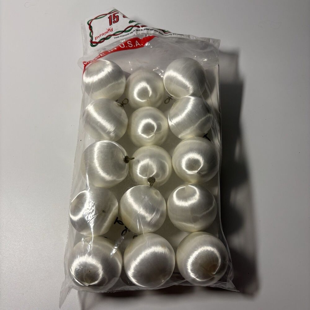 NOS 15 Vintage Pyramid WHITE Satin Silk Christmas Ball Ornaments Unbreakable